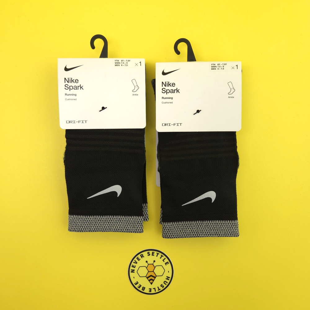 2 Pack Nike Spark Running Socks 7.5-9 Womens 6Y - 7.5Y Black Cushioned Ankle
